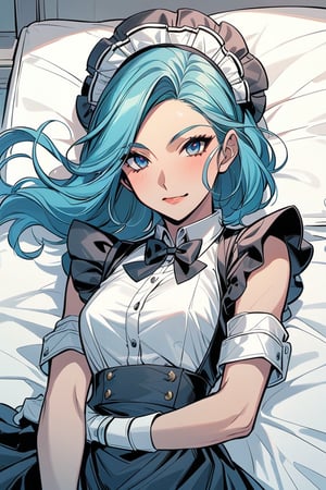 Ahri, black dress, white shirt, maid skirt, maid hat, cute face, innocent,
BWcomic, upper body, lie on bed, high angle