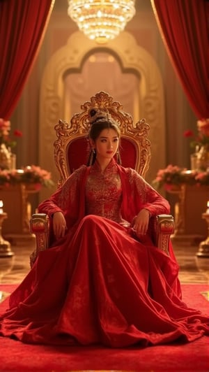 A woman, luxury and noble throne, sit, red carpet, side light, cinematic, intricate golden decoration, crown, royal,PTAIHanfu,Ahri,PTAIAsianbeauty