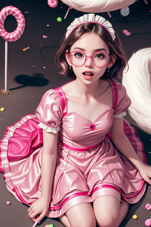 Glow pink, line art, a cute girl, small, slim, ear fox, sit, ground, candy, full of candy, candy on the ground, high angle, happy, look up, look at viewer, short hair, short bang, maid dress, puffed clothes, wide dress, round glasses, candy land
(Masterpiece), hyper detail, 8k, best quality