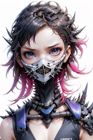 Hiro Crazy Dimension, a girl, ninja, abstract, watercolor sketch, post apocalypse, mask, spikes, white simple background, masterpiece, intricate exoskeleton