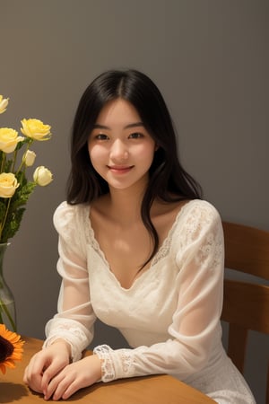 A young woman, charming, attractive face, shown in upper body view, wearing a white lace dress with puffed sleeves. Her long, dark hair flows freely. She is in a slightly bowed posture, with a flower vase on the table in front of her. The composition of the young woman and the flower vase follows the golden ratio, creating a visually pleasing arrangement. The soft lighting is sufficient to clearly see the woman's face, which has a serene, gentle smile. A soft shadow is cast on the wall behind her.