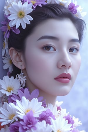 
a head shot of a young Chinese girl covered in white and purple flowers, in the style of cyberpunk realism, charming realism, exaggerated facial features, high resolution, enchanted realism, pale palette,PTAIAsianbeauty,HKBT_LGH