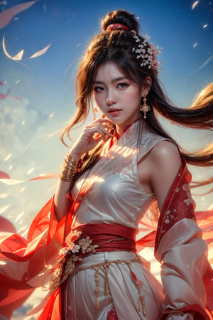 The background is midnight sky,big blue moon,dark night,snow blowing,16 yo, 1 girl,sword,halo,shining bracelet,beautiful hanfu(white, transparent),cape, cloth blowing in wind, solo, {beautiful and detailed eyes}, calm expression, natural and soft light, delicate facial features, cute japanese idol, very small earrings, ((model pose)), Glamor body type, (dark hair:1.2),  beehive,big bun,very_long_hair, hair past hip, curly hair, flim grain, realhands, masterpiece, Best Quality, photorealistic, ultra-detailed, finely detailed, high resolution, perfect dynamic composition, beautiful detailed eyes, eye smile, ((nervous and embarrassed)), sharp-focus, full_body, sexy pose,cowboy_shot,ruanyi0060,yae_miko(genshin impact),Caligraphy