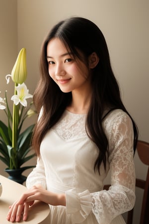 A young woman, shown in upper body view, wearing a white lace dress with puffed sleeves. Her long, dark hair flows freely. She is in a slightly bowed posture, with a trumpet lily vase on the table in front of her. The composition of the young woman and the flower vase follows the golden ratio, creating a visually pleasing arrangement. The soft lighting is sufficient to clearly see the woman's face, which has a serene, gentle smile. A soft shadow is cast on the wall behind her.