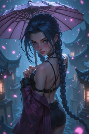 JinxKaryln, Jinx league of legends, view from above, japanese umbrella, rain, dark night, chinese bodycon dress, blossom, abyss, chinese temple, cloud, foggy, gloomy, upper body, (portrait:1.2), pretty face