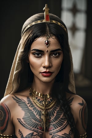 1 girl, high priestess, ritual stuffs, mysterious region, mysterious tattoo, dark fantasy, head band, egyptian, cinematic, mysterious