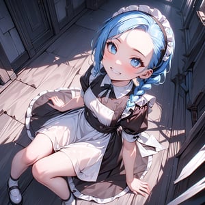 Jinxkaryln, (masterpiece), (cinematic), a cute girl, small, slim, sit, ground, high angle, happy, look up, look at viewer, maid dress, puffed clothes, wide dress, realistic
