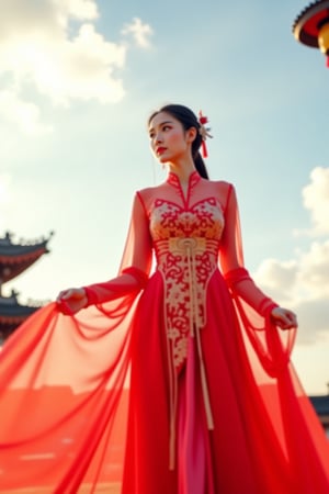 Raw photo, photography, realistic, a woman in red hanfu dress, intricated pattern, (full body shot:1.3), sky, lantern, cloudy, chinese temple roof
Best quality, ultra sharp, high res,PTAIHanfu.
(Side light), bright sky, the woman has a profesional pose for taking photo