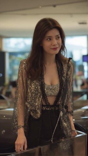 raw photo, photography, 35 mm, A middle age, asian woman in an elegant outfit, a wealthy socialite, enters the car showroom to purchase a super car,PTAIAsianBeauty