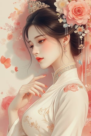 Photorealistic, cinematic, (side light:1.3), close up portrait, a woman, lie, (hand on chest:1.2), petals, rose decoration, whitw ren dress, veil, hair ornament, intricate carving jewelry, choker, ribbons, necklace, bracelet, jewelry headband, soft shadow,RHAngel,PTAIHanfu,Watercolor