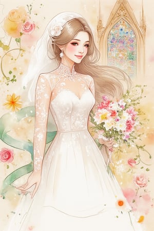 Watercolor, a woman in wedding dress, flower bouquet, veil, long wavy hair, happy, flower cover face, green ribbons, church background, kaleidoscope window