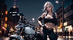 masterpiece, ilustration, best quality, high_resolution, 1girl, sole_female, sexy girl, seductive girl, rap girl, full_body, (street at night background),

tall girl, white_body, gray_hair, short_hair_with_long_locks, emerald_eyes, (detalled eyes:1.5), (big_breasts:1.3), perky tits, abs, (not so ripped abs), skinny waist, wide hip, groin, hip_lines, thicc_thighs, big ass,

motorcycle gloves, (leather jacket), white tank top, exposed_navel, exposed_midriff, leather belt, black leggings, camel_toe, waders,

(smile), (contrapposto), head_tilt, (with a motorcycle behind:1.1), (front_view)