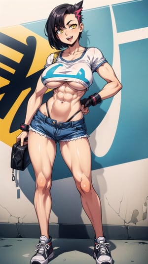 masterpiece, ilustration, best quality, high_resolution, 1girl, sole_female, sexy girl, rap girl, full_body, (graffiti background),

tall girl, white_body, black_hair, short_hair, asymmetrical_hair, (mohawk_(hair_style):1.3), (yellow_eyes, beautiful eyes, detalled eyes:1.3), clavicle, (big_breasts:1.3), perky tits, abs, (not so ripped abs:1.2), skinny waist, wide hip, groin, hip_lines, thicc_thighs,

(white cropped t-shirt underboob cut:1.2), belly_button, (open short jean shorts:1.3), camel_toe, sneakers,

(villain smile:1.3), open_mouth, head_tilt, looking_at_viewer, front_view,