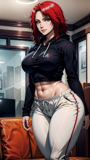 masterpiece, high_res, high_resolution, best_quality, very_high_resolution, (livingroom_background:1.2), 1girl, sole_female, full_body, seductive_girl, short hair, (large breasts:1.3), wide hips, (thick thighs:1.2), (black hoodie:1.1), (white sweatpants:1.2), white pants, crop top, midriff, indoors, living room, (legs together:1.1), seductive smile, (cowboy shot:1.2), looking at viewer, front view, (standing:1.1), (illustration:1.1), (beautiful eyes, detalle eyes:1.2), red_eye, Iris