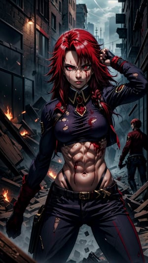 1girl, sole_female, (ruined city backbround), Iris Midgar, exposed_midriff, abs, medium_breasts, with blood stains on his face, face ready for fight, glowing eyes, red eyes, (detalled eyes:1.3), torn clothes, dynamic pose, Iris,Iris