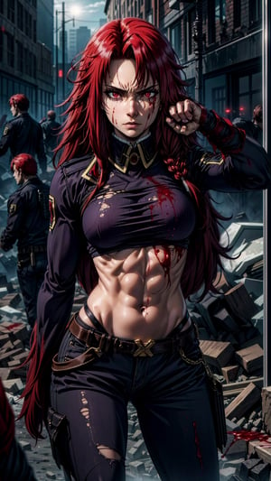 1girl, sole_female, (ruined city backbround), Iris Midgar, exposed_midriff, abs, medium_breasts, with blood stains on his face, face ready for fight, glowing eyes, red eyes, (detalled eyes:1.3), torn clothes, dynamic pose, Iris,Iris