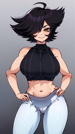 (simple background:1.2), high_resolution, high_quality, masterpiece, best quality, ultra high res, 1girl, full_body,

white skinned, (black_hair, short_hair, asymmetrical_hair:1.3), (amber_eyes, beautiful_eyes, detailed_eyes: 1.3), large_breasts, perky tits, skinny waist, wide hip, groin, hip_lines, thicc_thighs,

(black_crop_top, exposed_midriff:1.3), (white_leggins:1.3), sneakers,

smile_showing_theet, head_tilt, looking_at_viewer, squinted eyes, standing, camel_toe, (contrapposto:1.5), KarmaVT, 1 girl
