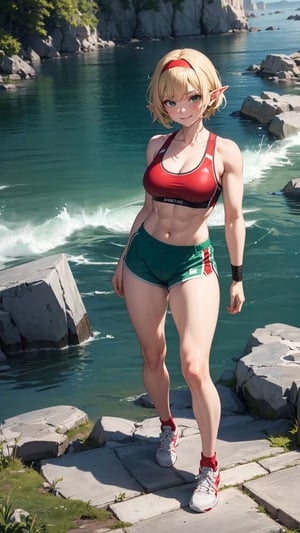 (masterpiece), 1girl, best quality, expressive eyes, perfect face, (karate girl), Blonde hair, messy hair, Green headband, short_hair, elf_ears, large breasts, muscle growth, sneakers, bandages, red sport bra, Green shorts, smirk, sea, rocks