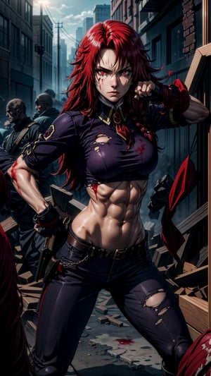 1girl, sole_female, (ruined city backbround), Iris Midgar, exposed_midriff, abs, medium_breasts, with blood stains on his face, face ready for fight, glowing eyes, red eyes, (detalled eyes:1.3), torn clothes, dynamic pose, Iris,Iris