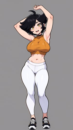 (simple background:1.2), high_resolution, high_quality, masterpiece, best quality, ultra high res, 1girl, full_body, sexy_women, tomboy_girl,

white skinned, (black_hair, short_hair, asymmetrical_hair:1.3), (amber_eyes, beautiful_eyes, detailed_eyes: 1.3), large_breasts, perky tits, skinny waist, wide hip, groin, hip_lines, thicc_thighs,

(black_crop_top:1.3), (white_leggins:1.3), sneakers,

smile, open_mouth, upper_teeth, head_tilt, looking_at_viewer, squinted eyes, standing, sweaty body, camel_toe, one_arm_up, KarmaVT