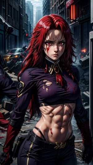 1girl, sole_female, (ruined city backbround), Iris Midgar, exposed_midriff, abs, medium_breasts, with blood stains on his face, face ready for fight, glowing eyes, red eyes, (detalled eyes:1.3), torn clothes, dynamic pose, Iris,Iris