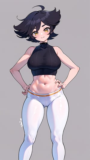 (simple background:1.2), high_resolution, high_quality, masterpiece, best quality, ultra high res, 1girl, full_body, sexy_women, tomboy_girl,

white skinned, (black_hair, short_hair, asymmetrical_hair:1.3), (amber_eyes, beautiful_eyes, detailed_eyes: 1.3), large_breasts, perky tits, skinny waist, wide hip, groin, hip_lines, thicc_thighs,

(black_crop_top:1.3), (white_leggins:1.3), sneakers,

smile_showing_theet, head_tilt, looking_at_viewer, squinted eyes, standing, sweaty body, camel_toe, hands_on_hips, KarmaVT,KarmaVT