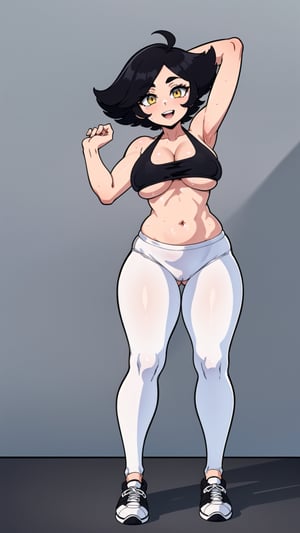 (gym background:1.2), high_resolution, high_quality, masterpiece, best quality, ultra high res, 1girl, full_body, sexy_women, tomboy_girl,

white skinned, (black_hair, short_hair, asymmetrical_hair:1.3), (amber_eyes, beautiful_eyes, detailed_eyes: 1.3), large_breasts, perky tits, skinny waist, wide hip, groin, hip_lines, thicc_thighs,

(black_bikini_top:1.3), (white_leggins:1.3), sneakers,

smile, open_mouth, upper_teeth, head_tilt, looking_at_viewer, squinted eyes, standing, sweaty body, camel_toe, one_arm_up, KarmaVT