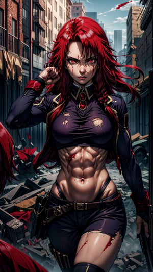 1girl, sole_female, (ruined city backbround), Iris Midgar, exposed_midriff, abs, medium_breasts, with blood stains on his face, face ready for fight, glowing eyes, red eyes, (detalled eyes:1.3), torn clothes, dynamic pose, Iris,Iris