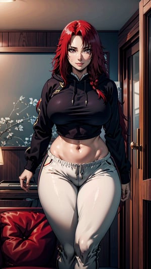 masterpiece, high_res, high_resolution, best_quality, very_high_resolution, (livingroom_background:1.2), 1girl, sole_female, full_body, seductive_girl, long hair, (large breasts:1.3), wide hips, (thick thighs:1.2), (black hoodie:1.1), (white sweatpants:1.2), white pants, crop top, midriff, indoors, living room, (legs together:1.1), seductive smile, (cowboy shot:1.2), looking at viewer, front view, (standing:1.1), (illustration:1.1), (beautiful eyes, detalle eyes:1.2), red_eye, Iris