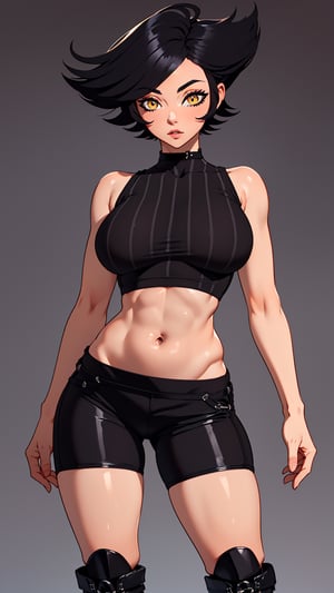 (simple background:1.2), high_resolution, high_quality, masterpiece, best quality, ultra high res, 1girl, full_body,

white skinned, (black_hair, short_hair, asymmetrical_hair:1.3), (amber_eyes, beautiful_eyes, detailed_eyes: 1.3), large_breasts, perky tits, skinny waist, wide hip, groin, hip_lines, thicc_thighs,

(black_crop_top, exposed_midriff, black_shorts, black_boots:1.3),

:), head_tilt, looking_at_viewer, squinted eyes, standing, camel_toe, (contrapposto:1.5), KarmaVT,
