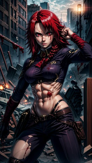 1girl, sole_female, (ruined city backbround), Iris Midgar, exposed_midriff, abs, medium_breasts, with blood stains on his face, face ready for fight, glowing eyes, red eyes, (detalled eyes:1.3), torn clothes, dynamic pose, Iris,Iris