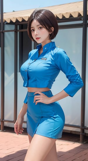 A perfect of full body Elegant Lady super Sexy blue work Uniform Office Costume Two Piece Skirt Suits.", short-hair, perfect appearance, face detailed, particular attention eyes, professionalism, chighlighting outfits and upper body features, slim bodies, stand front directly view, studio_background, 