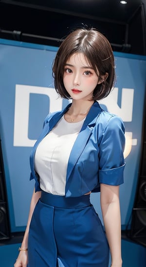 "Full body of A Elegant Lady super Sexy blue work Uniform Office Costume Two Piece Skirt Suits.", short-hair, perfect appearance, face detailed, particular attention eyes, professionalism, chighlighting outfits and upper body features, slim bodies, stand front directly view, studio_background, bul4n,