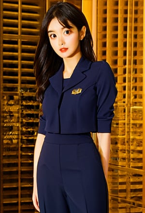 "A Elegant Ladies Sexy Work Uniform Office Lady Costume Two Piece Skirt Suits.", long hair, which adds to their elegant appearance, face detailed, with particular attention eyes, which might have a captivating or alluring expression,  character is shown in a half-body pose, highlighting outfits and upper body features, slim bodies, emphasizing the elegance and professionalism of their attire,  a lady facing the viewer directly, allowing her outfits and expressions to be clearly visible.,bul4n