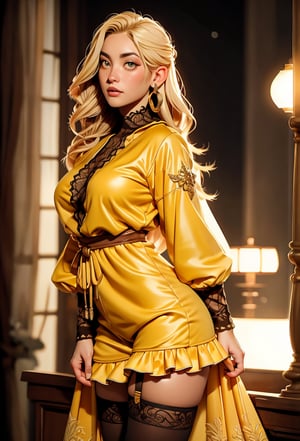 An American sorceress is depicted in a yellow high-cut long pajamas dress with intricate lace detailing and frills, accessorized with a garter and thigh-high stockings. The artwork features a cowboy shot with a photo-realistic, high-resolution, and highly-detailed image of the character against a luxurious and well-lit bedroom background with baroque architecture. The character is a 25-year-old blonde with long straight hair, beautiful eyes, and delicate facial features. She has an hourglass figure, long legs, and big breasts, and is depicted with a seductive look. The image features cinematic lighting and intricate window shadows, with golden jewelry and clothing ornaments. The artwork has a fairy-tale style and is not safe for work.,asian girl,b3rli