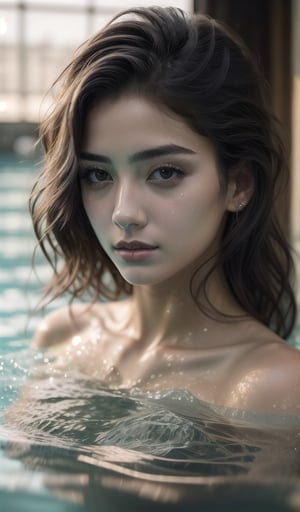 masterpiece, best quality, photorealistic, raw photo, 1girl, long hair, medium breast, best swimming uniform, detailed skin, pore, perfect shinny face, depth of field, in the clear light.,b3rli,blurry_light_background,leonardo,style,realhands,Young beauty spirit 