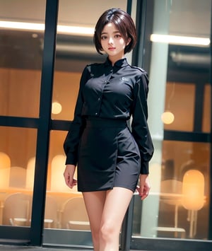 A perfect of full body Elegant Lady super Sexy black work Uniform Office Costume Two Piece Skirt Suits.", short-hair, perfect appearance, face detailed, particular attention eyes, professionalism, chighlighting outfits and upper body features, slim bodies, stand front directly view, studio_background, 