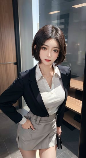 "Full body of A Elegant Lady super Sexy Work Uniform Office Costume Two Piece Skirt Suits.", short-hair, perfect appearance, face detailed, particular attention eyes, professionalism, character is shown in a full-body pose, highlighting outfits and upper body features, slim bodies, professionalism of attire, stand front directly view, studio_background, bul4n,