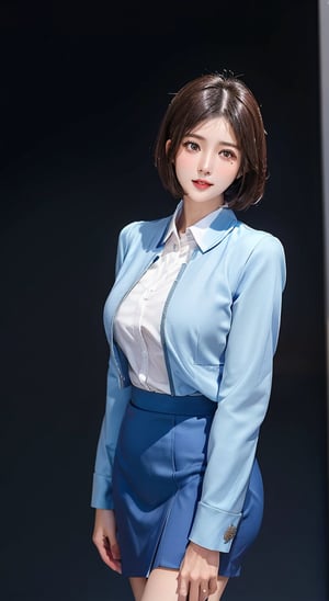 A perfect of full body Elegant Lady super Sexy blue work Uniform Office Costume Two Piece Skirt Suits.", short-hair, perfect appearance, face detailed, particular attention eyes, professionalism, chighlighting outfits and upper body features, slim bodies, stand front directly view, studio_background, bul4n,