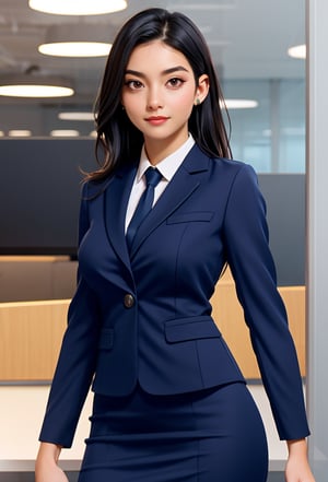 "A Elegant Ladies Sexy Work Uniform Office Lady Costume Two Piece Skirt Suits.", long hair, which adds to their elegant appearance, face detailed, with particular attention eyes, which might have a captivating or alluring expression,  character is shown in a half-body pose, highlighting outfits and upper body features, slim bodies, emphasizing the elegance and professionalism of their attire,  a lady facing the viewer directly, allowing her outfits and expressions to be clearly visible.,bul4n