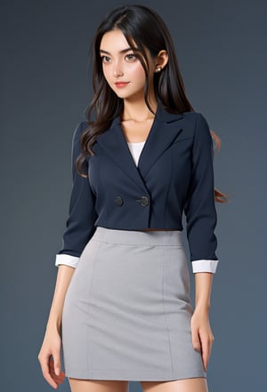 "A Elegant Ladies Sexy Work Uniform Office Lady Costume Two Piece Skirt Suits.", long hair, which adds to their elegant appearance, face detailed, with particular attention eyes, which might have a captivating or alluring expression,  character is shown in a half-body pose, highlighting outfits and upper body features, slim bodies, emphasizing the elegance and professionalism of their attire,  a lady facing the viewer directly, allowing her outfits and expressions to be clearly visible.,bul4n