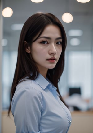 masterpiece, best quality, photorealistic, raw photo, 1girl, long hair, medium breast, super cool blue office uniform, detailed skin, pore, perfect shinny face, depth of field, in the clear light.,b3rli,blurry_light_background