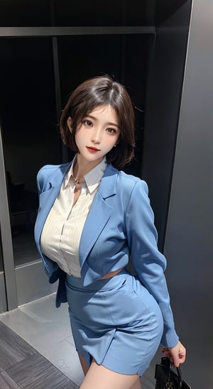 "Full body of A Elegant Lady super Sexy blue work Uniform Office Costume Two Piece Skirt Suits.", short-hair, perfect appearance, face detailed, particular attention eyes, professionalism, character is shown in a full-body pose, highlighting outfits and upper body features, slim bodies, professionalism of attire, stand front directly view, studio_background, bul4n,