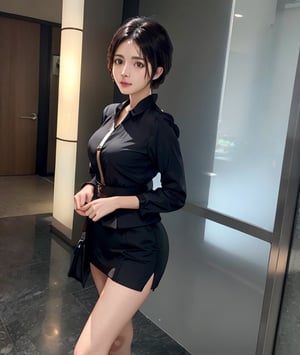 A perfect of full body Elegant Lady super Sexy black work Uniform Office Costume Two Piece Skirt Suits.", short-hair, perfect appearance, face detailed, particular attention eyes, professionalism, chighlighting outfits and upper body features, slim bodies, stand front directly view, studio_background, 