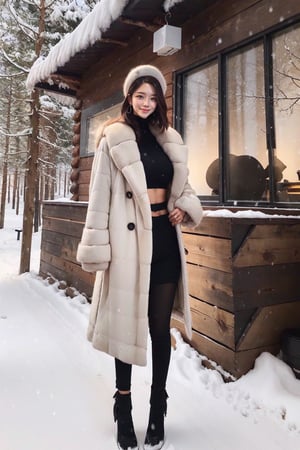 RAW photo, professional, masterpiece, best quality, absurdres, 8K, super fine, best_lighting, (Rustic cabin nestled in a snowy forest, illuminative night:1.4), (wonderland:1.3), (cowboy_shot:1.4), (standing:1.4), 25 years old woman, (mature:1.2), beautiful woman
BREAK
elegant_prostitute, sophisticated, unique, unconventional, (seductive_smile:1.2), long bob_cut, 
BREAK
(large breasts, cleverage_cutout, nice cleverage:1.4), (black underwear:1.3), (uncommon headwear, celebrity fashion, white fur coat, long coat:1.5), (hoop earings), asian girl, 1girl, eungirl