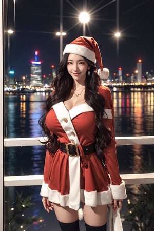 masterpiece, best quality, absurdres, 8K, super fine, best_lighting, (Vibrant city skyline reflected in a peaceful waterfront, night:1.4), (wonderland:1.5), (the medieval period:1.3), fantasy_world, princess, (cowboy_shot:1.7), (standing:1.3), female_solo, 28 years old woman, (mature:1.2), beautiful woman,
BREAK
elegant_prostitute, (wavy long hair, seductive_smile:1.4), huge_breasts
BREAK
(christmas santa costume, haute couture:1.5), (luxury fashion:1.2), (fur-trimmed, fluffy_cuffs:1.5), (zettai_ryoiki, knee high socks:1.2), (long earings:1.1), asian girl, 1girl, eungirl