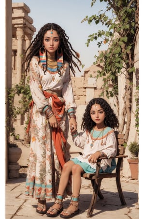 (Merit,  )  beautiful little girl,  6years old,  egyption ' ankh  full body   with  curly hair,  hazel eyes,  siting with her  50 years old grandmather  showing her the parimaids