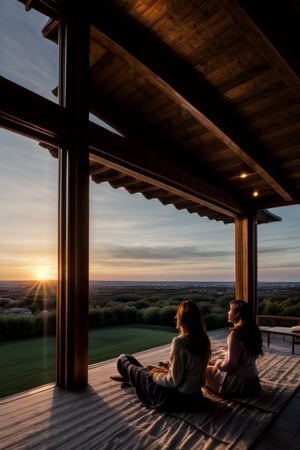 Rich women sitting in roof of her luxury home and sun set on her 