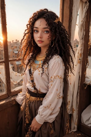 Merit,  beautiful little girl, 6years old,egyption ' ankh  full body   with  curly hair , hazel eyes , character shet 😯  more sheets of the character pose in front of her window and sun set on her face 