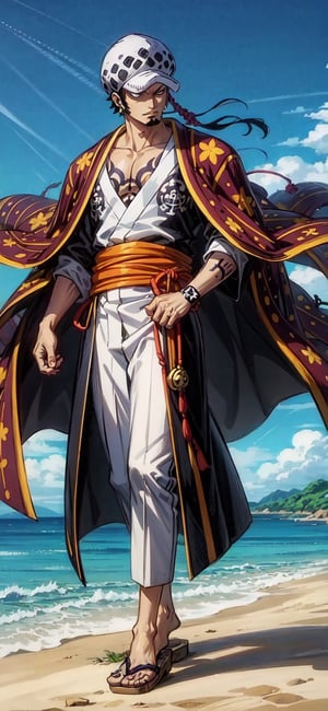 trafalgar law, tdlwano, 1boy, black hair, hat, chest tattoo, earrings, facial hair, long sideburns, goatee, japanese clothes, black kimono, coat on shoulder


, sea background, full body, (masterpiece, best quality), young man, View from the front, dynamic angle, standing, perfect hand with proper finger, BetterHands, anime,1utf1